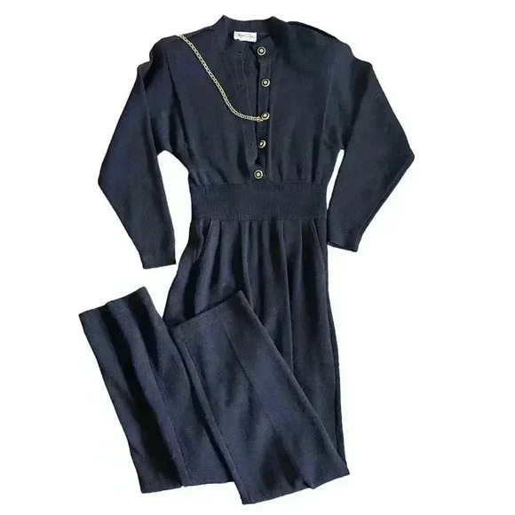 Vintage Wayne St. John Navy Gold Accent Santana Knit Pant Jumpsuit Size 4 - Picture 1 of 5